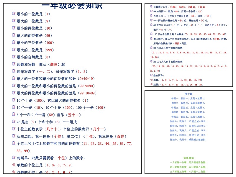 一年级必会数学知识
