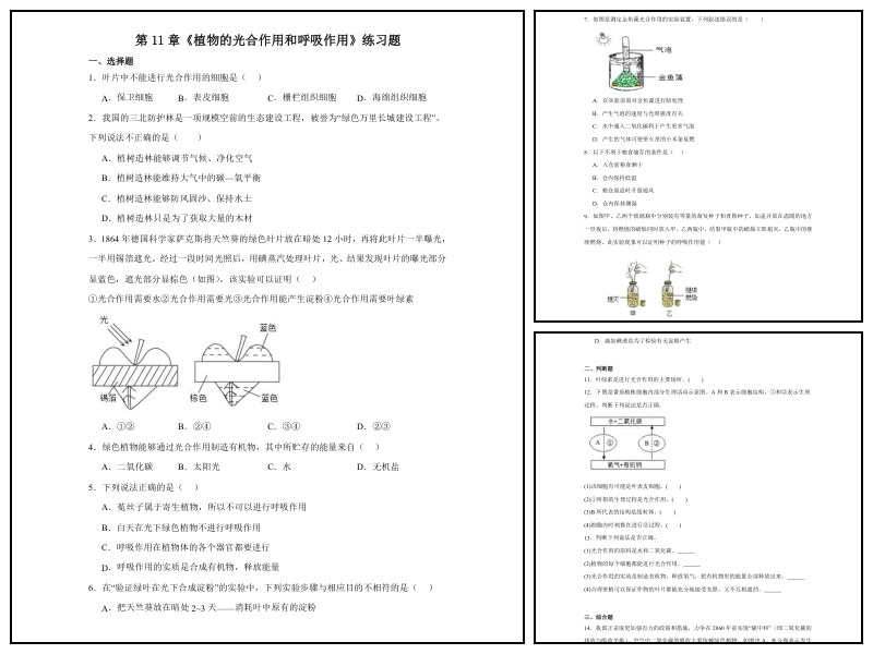 苏教版_生物_七下_第11章植物的光合作用和呼吸作用练习【专项练习-课时练习】